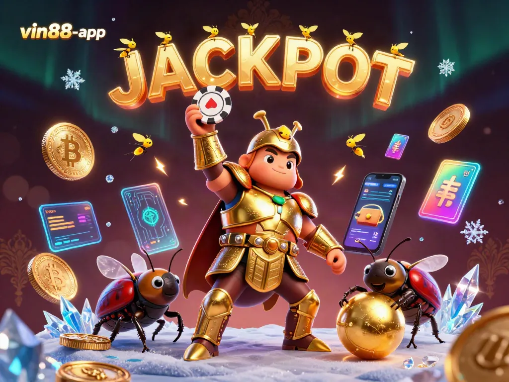 Experience thrilling action with vin88-app's vibrant 3D scene showcasing a victorious beetle hero.