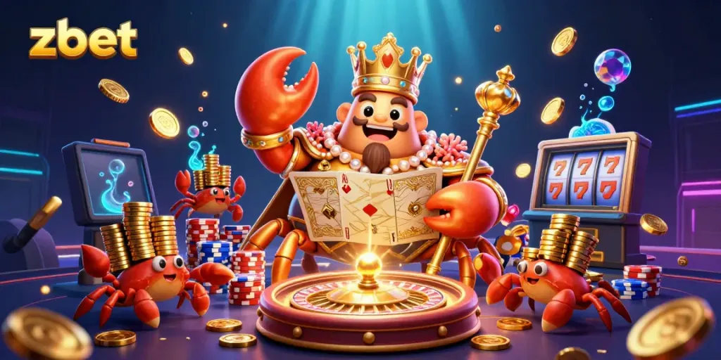 Experience exciting games with zbet's vibrant underwater casino-themed illustration featuring a golden crab emperor.