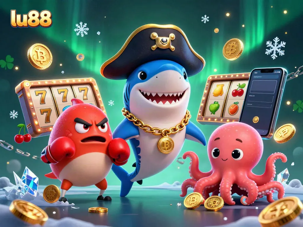 Experience thrilling moments at lu88 with a shark captain, a boxing pufferfish, and a gold-holding octopus amidst vibrant casino elements.