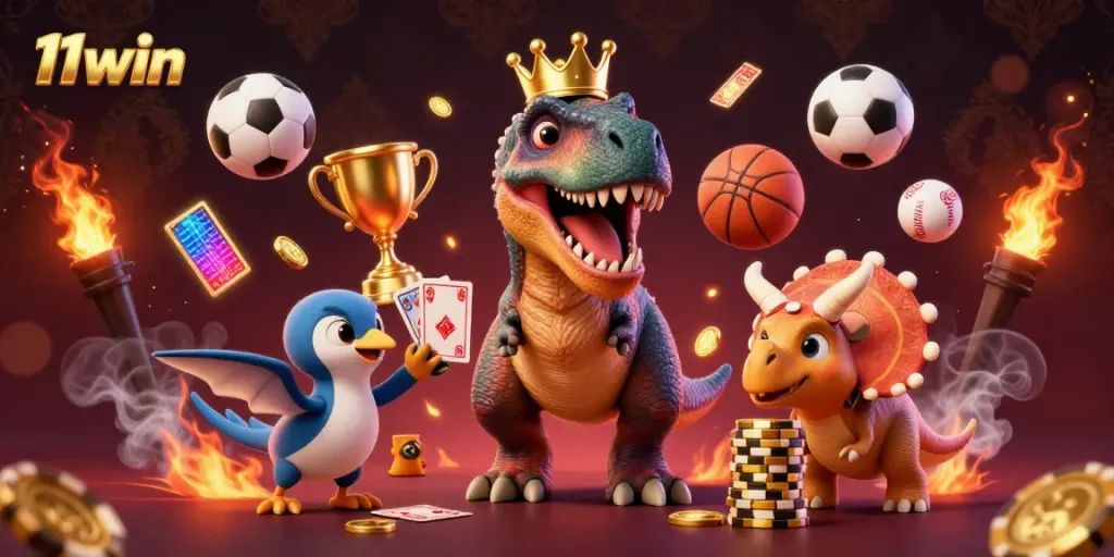 Experience a lively 11win casino scene with a fun T-Rex and friends engaging in games.
