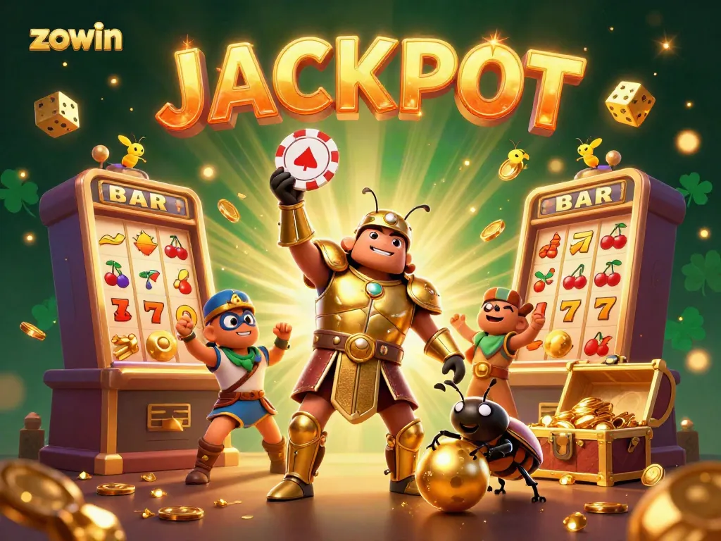 Zowin delivers a thrilling casino victory scene with unique characters and vibrant gambling elements.