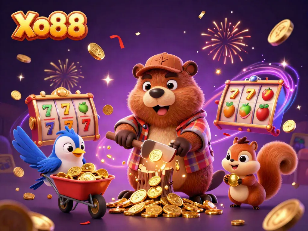 Xo88 animates a fun 3D scene with a beaver, bird, and squirrel celebrating lottery wins.