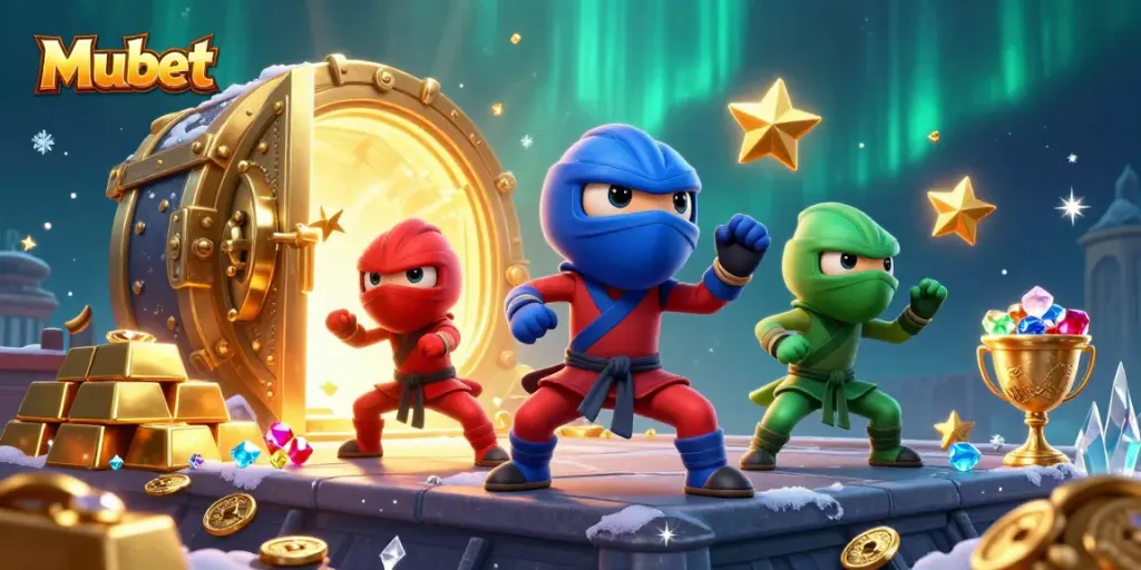 Experience thrilling gameplay at Mubet with cartoon chameleons showcasing dynamic martial arts, amidst gold treasures and gems.
