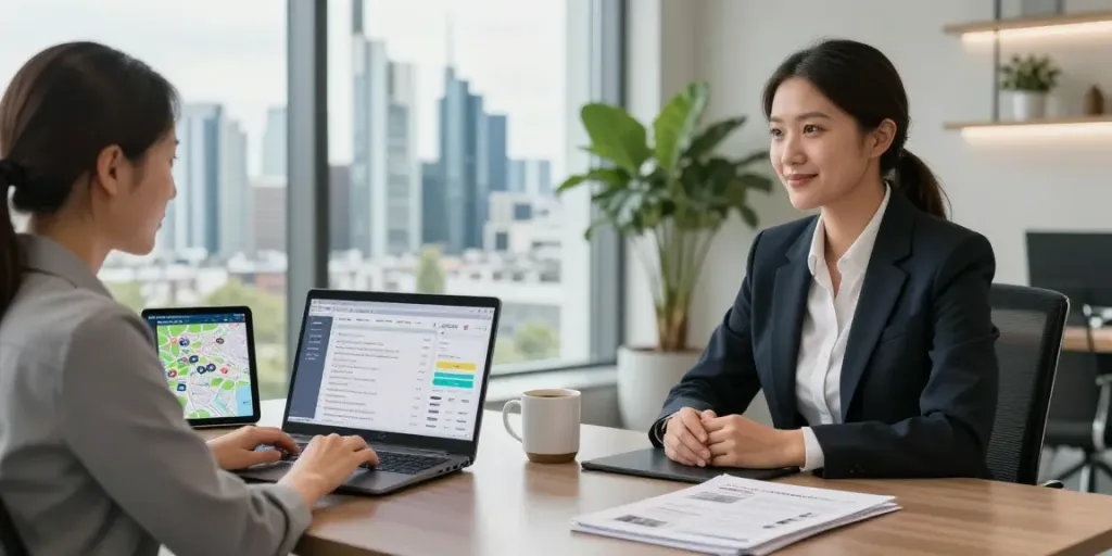Bester Immobilienmakler Frankfurt bei der Beratung in modernem Büro mit Stadtblick.