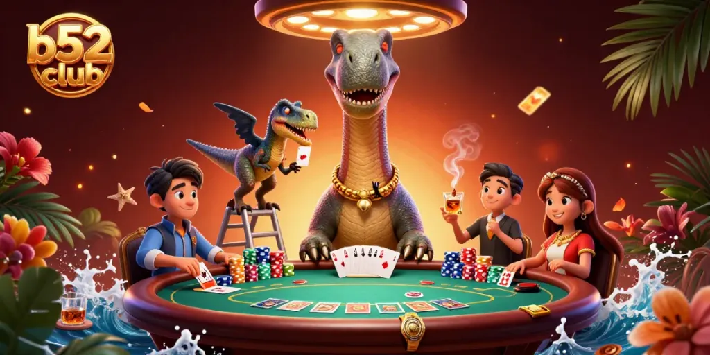 Engage with b52club at the vibrant casino scene featuring a towering brontosaurus!