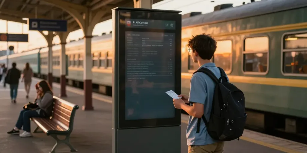 Zugtickets für Studenten in einem malerischen Bahnhofssetting mit einem jungen Studenten, der auf sein Smartphone schaut.
