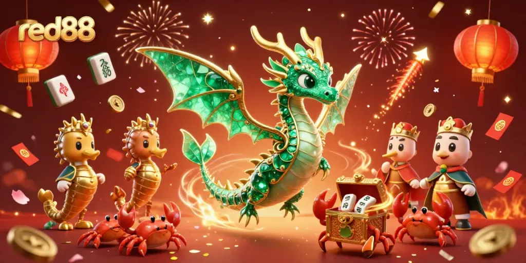 Experience thrilling gameplay with red88 as an emerald sea dragon and a treasure chest soar amidst festive gambling symbols.