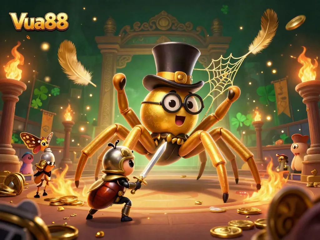 Engage with Vua88’s thrilling atmosphere through a lively 3D scene showcasing a giant golden tarantula and beetle knight amidst casino action.