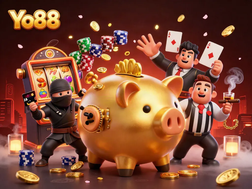 Spin the reels with Yo88 in an action-packed casino scene featuring a golden piggy bank sumo wrestler and friends.
