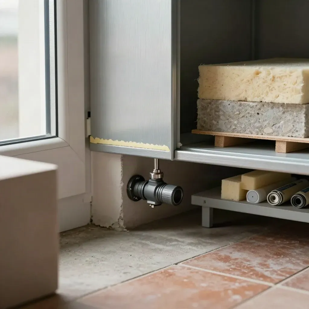 Energieaudit im Hauswirtschaftsraum mit Zählerschrank, Fensterfuge, Heizungsventil und Dämmproben.