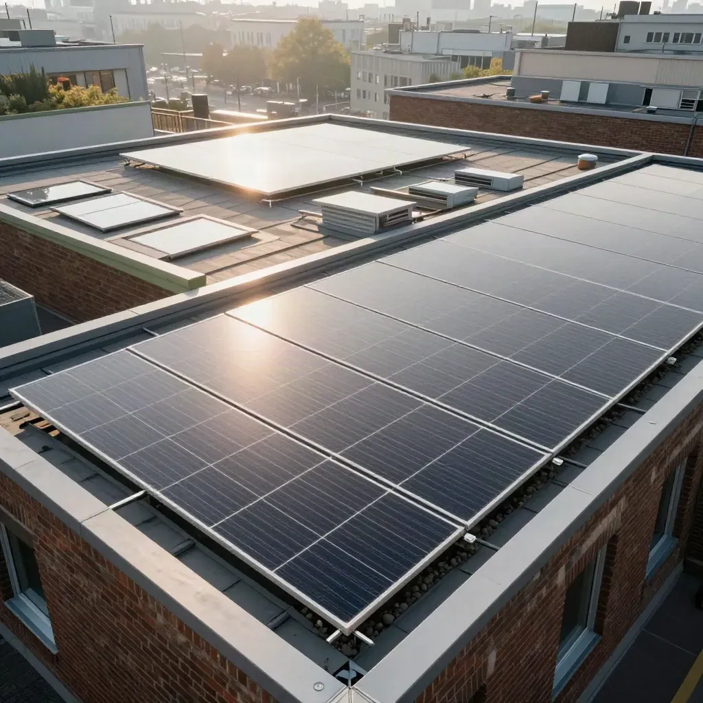 PV-Anlage auf Berliner Bäckereidach im Morgenlicht mit Skylights und Venten