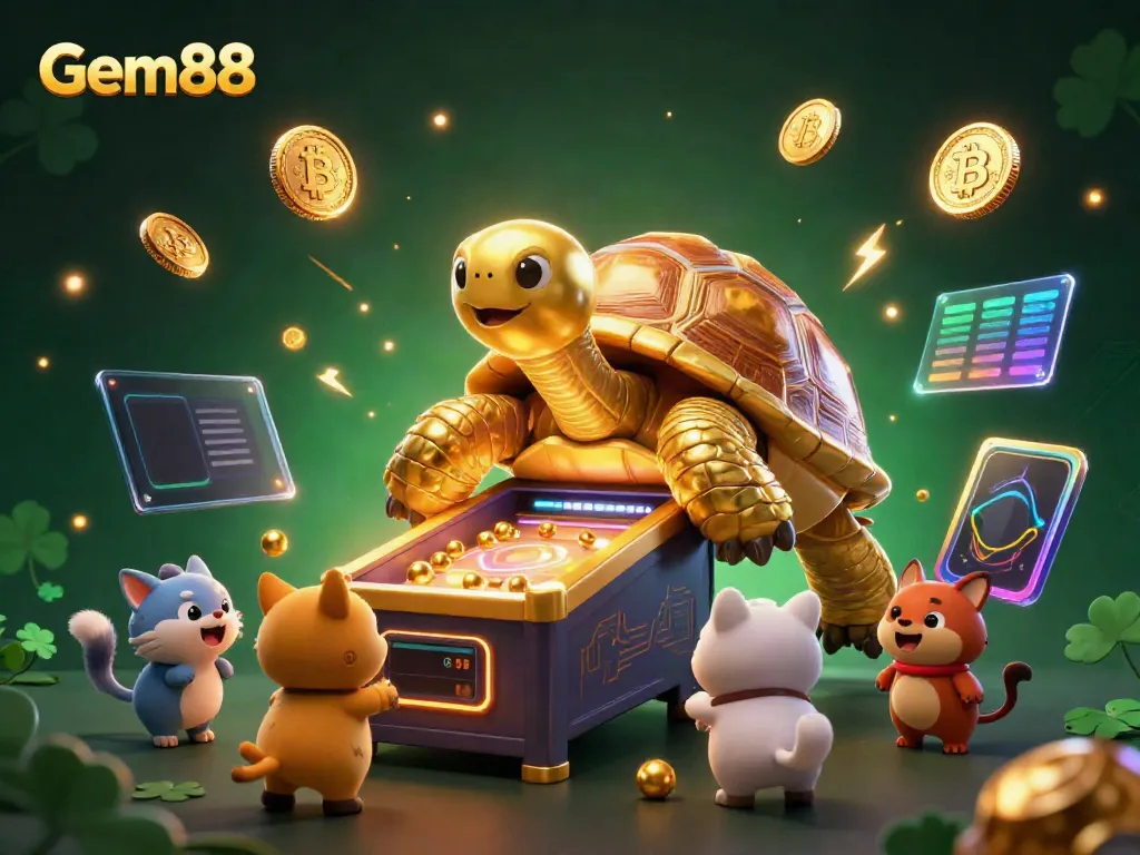 Experience thrilling gameplay at Gem88 featuring a golden tortoise pinball with crypto elements.