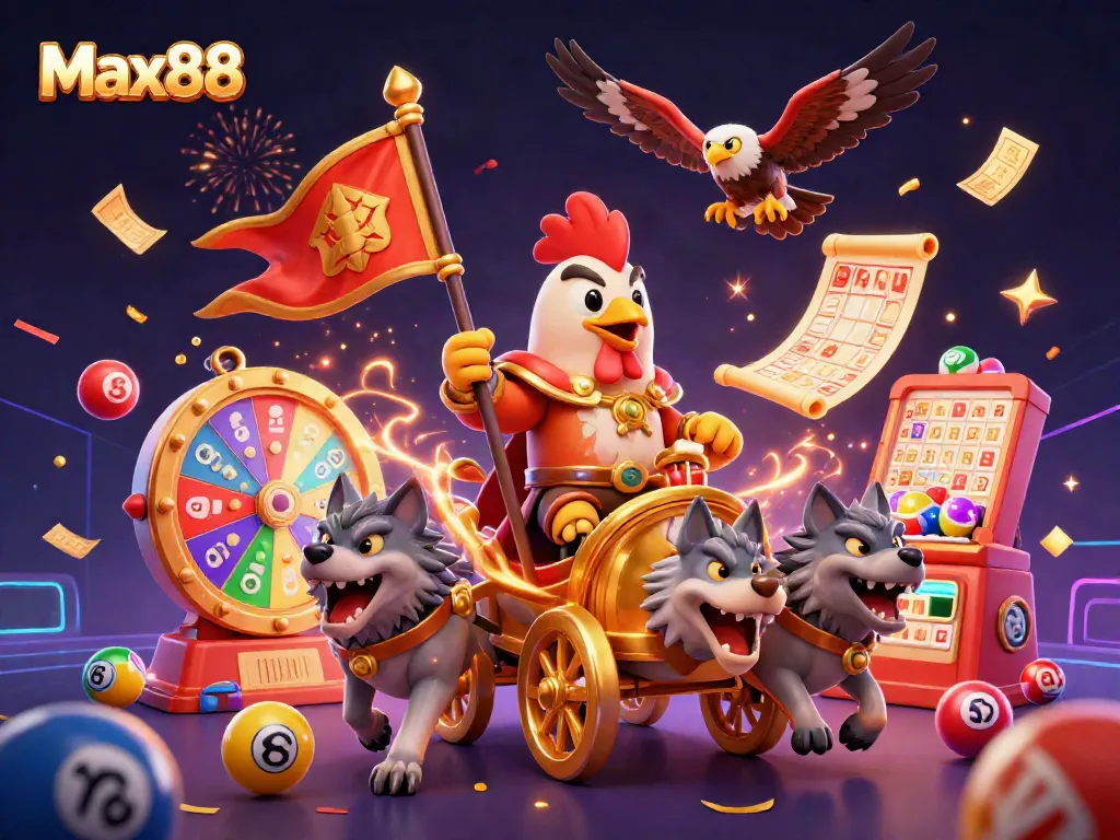 Engage in thrilling games at Max88 with a vibrant 3D illustration featuring dynamic casino elements.