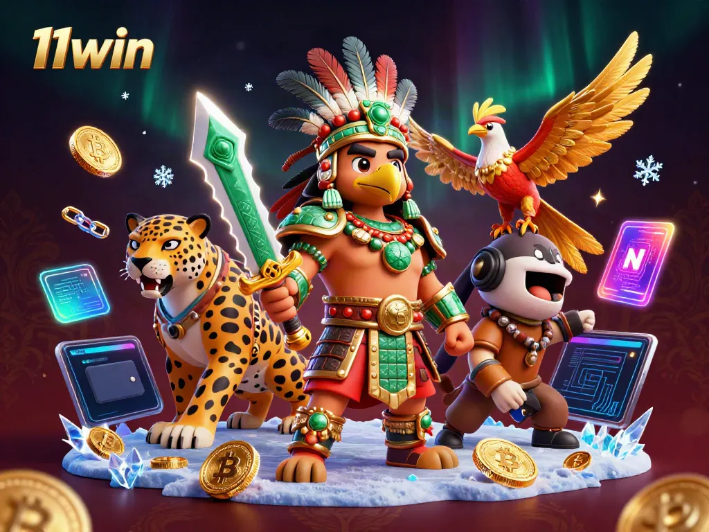 Engage in thrilling games at 11win with a vibrant 3D depiction of Aztec warriors and crypto elements.
