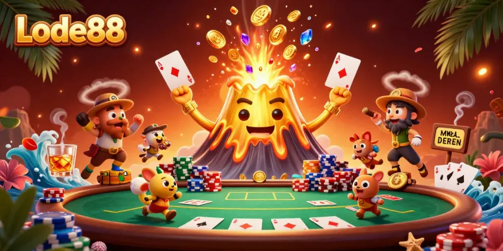 Experience winning thrills at Lode88 with dynamic casino elements and a triumphant volcano scene.