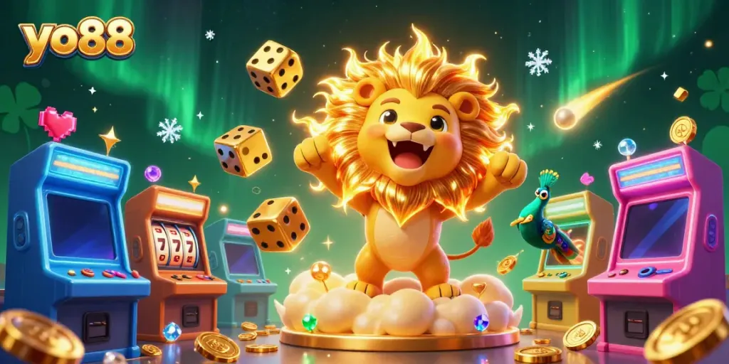 Experience thrilling gameplay with yo88 in a vibrant casino-themed 3D scene featuring roaring lion and golden dice.