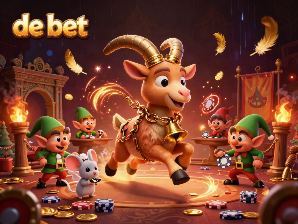 Engaging scene of a fun holiday-horror casino at de bet with Krampus goat and angel mouse overseeing mischievous elf gremlins.