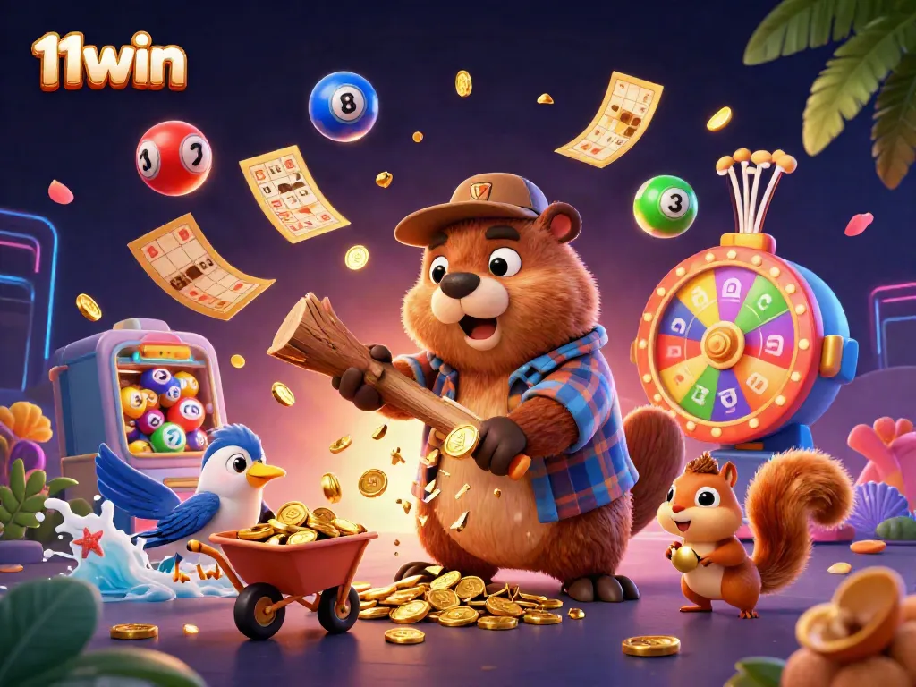 Engage with 11win's vibrant gaming experience featuring playful cartoon elements and dynamic casino symbols.