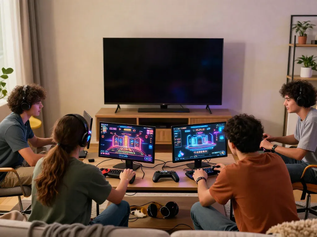 Engaging scene of friends enjoying online gaming at https://1da88.it.com/, showcasing vibrant gaming accessories and a lively atmosphere.