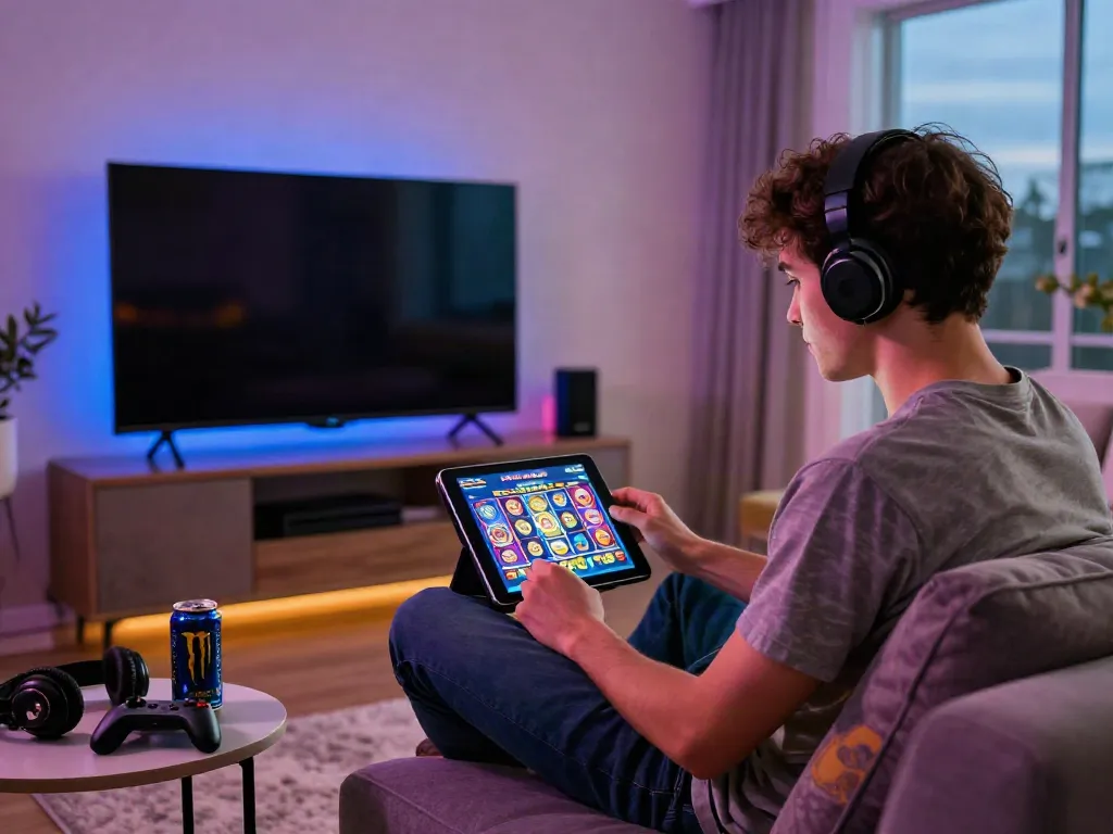 Engaged gamer enjoying slot88 apk on a tablet in a cozy living room.