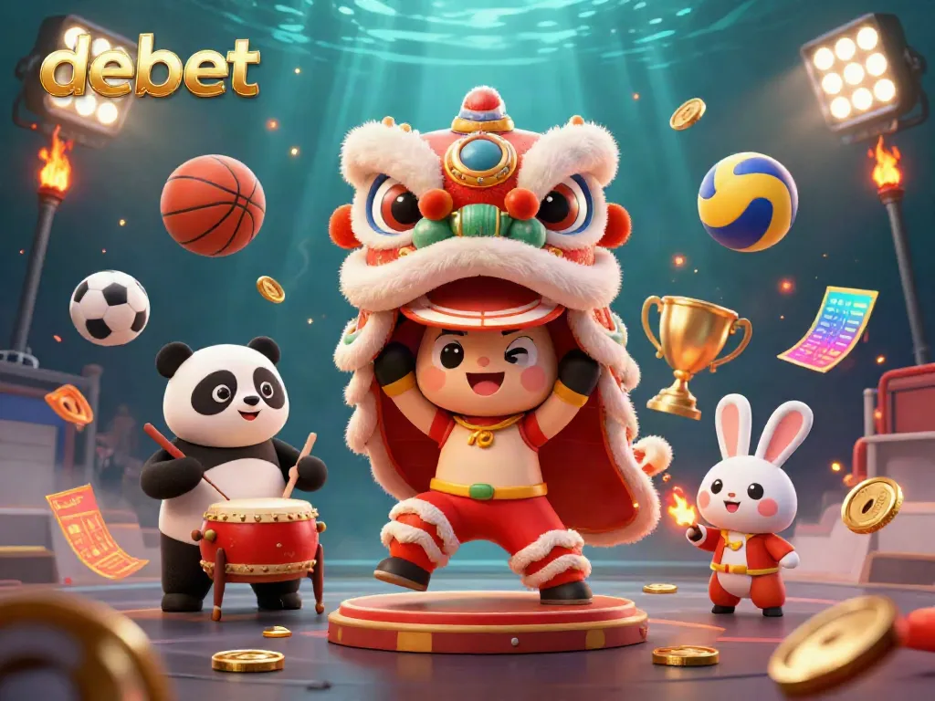 Engage in exciting sports betting at debet with dynamic action elements and festive characters.