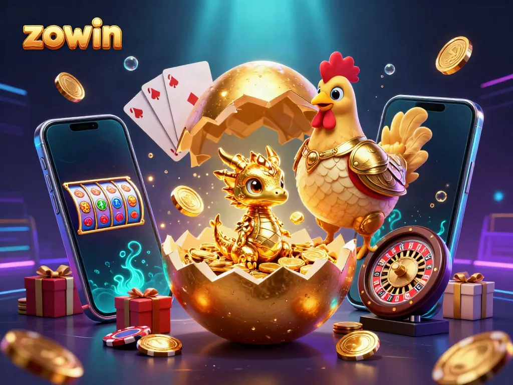 Zowin offers exciting casino experiences with a unique scene of a golden egg, dragon, and poker chips.