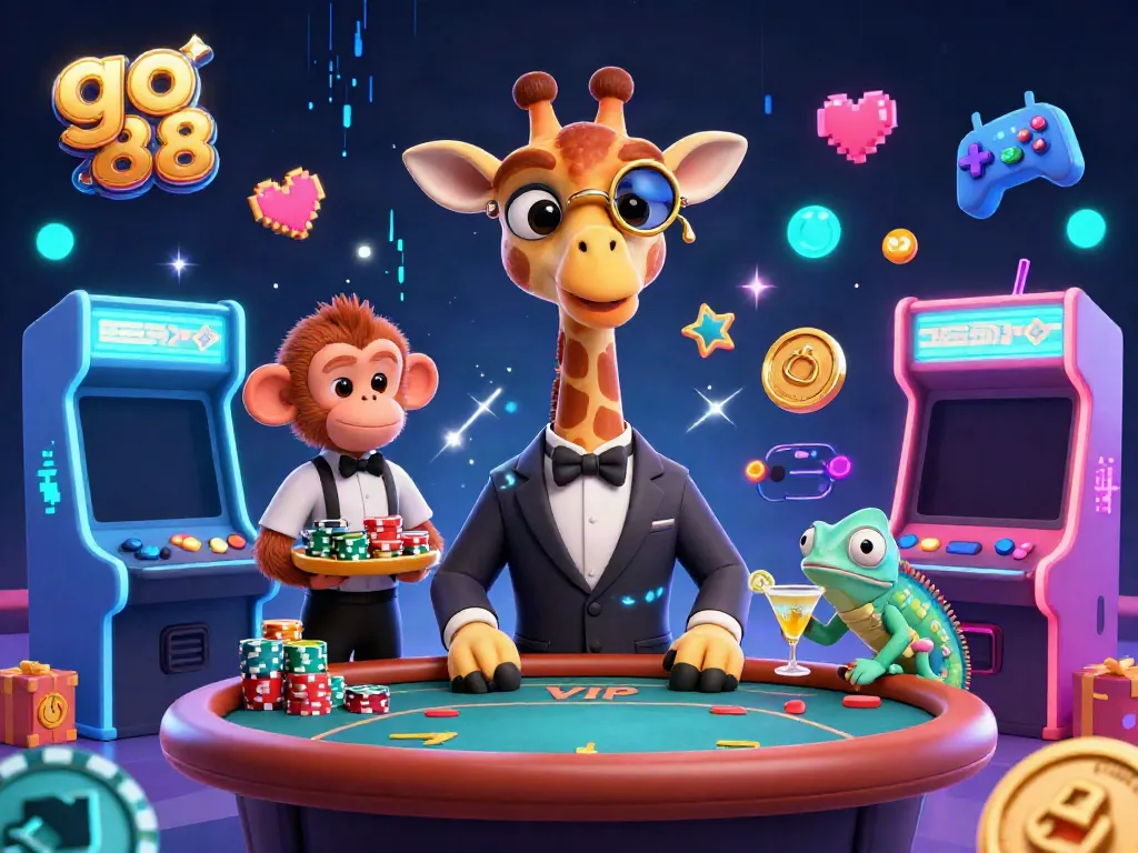 Join the excitement at go 88 with a high-roller giraffe at a luxurious poker table in this vibrant casino scene.