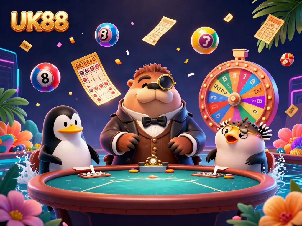 Experience thrilling gaming at UK88 with a jolly walrus and friends in an underwater poker scene.