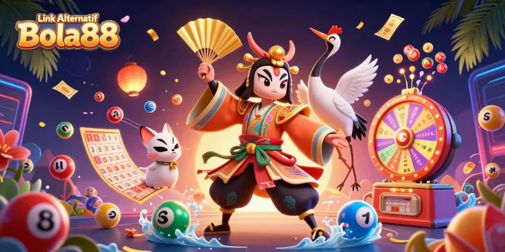 Experience the thrill of Link Alternatif Bola88 with dynamic lottery elements and vibrant characters.
