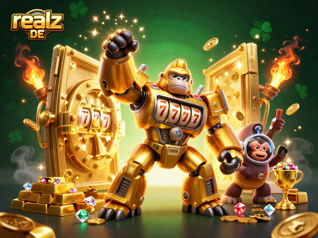Erlebe den aufregenden Slot-Maschinen-Wahnsinn bei realz DE mit einem goldenen Gorilla-Mech, der Münzen befreit!